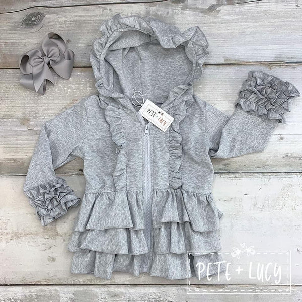 Grey Ruffled Hoodie