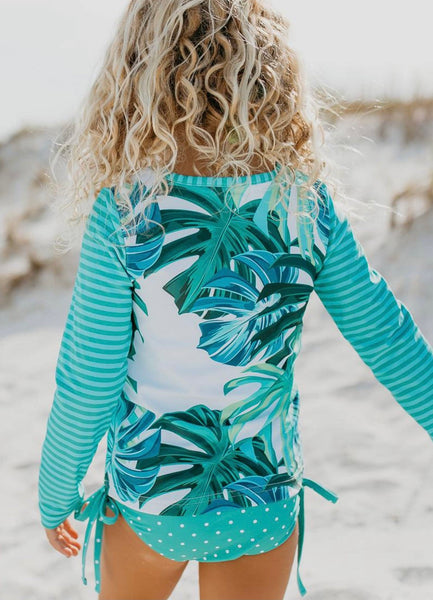 Teal Monstera 2 Piece Rash Guard Swimsuit