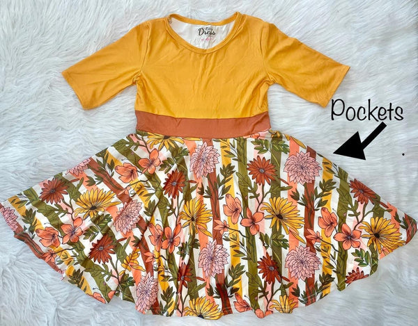 Retro Mustard Floral Twirl Dress